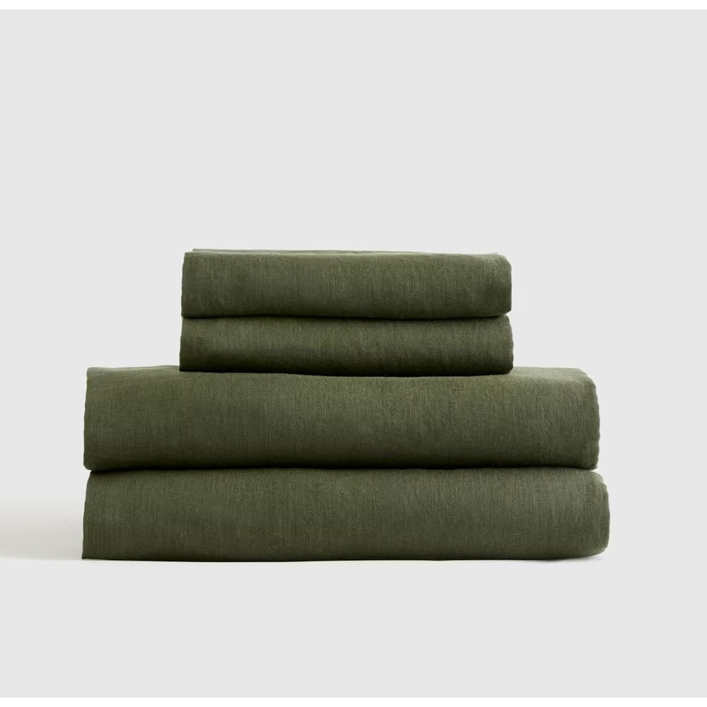 Quince European Linen Sheet Set Queen Pine Green 4 Piece with Flat Sheet NWT